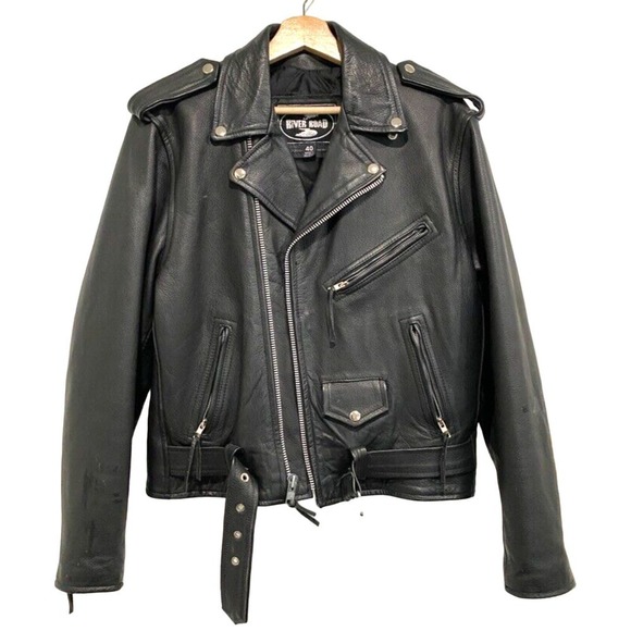 River Road - Leather Motorcycle Moto Jacket Black Belted zip up Men's Size 40